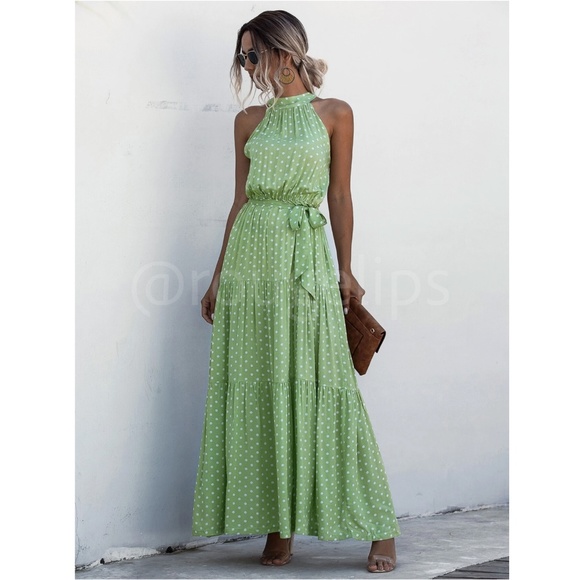 Polka Dot Print Maxi Dress Tie Belt High Neck White Green Long Flared Halter - Picture 7 of 13